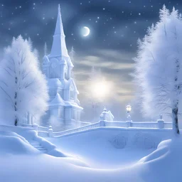 Winter landscape, sun. delicate white velvety clouds, refined and filigree, lanterns, ice sculptures in Gothic style, snow-covered trees, mystical haze, starry black night, hyper realistic, beautiful, lumen, professional photo, beautiful, high resolution, cgi, f/32, 1/300s. highly detailed digital painting