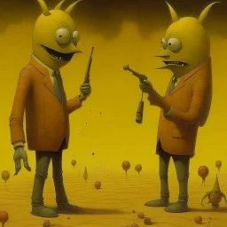 Style by Pawel Kuczynski and Squeak Carnwath and Zdzislaw Beksinski, dramatic '70s nightmare ultra sinister underground cartoon, shy anthropomorphic weirdling peanut men carrying guns,