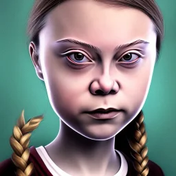 portrait of Greta Thunberg red-eyed