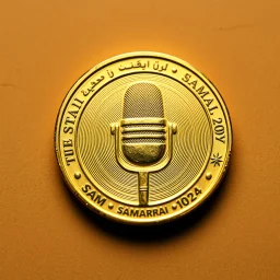 view of word , SAM , SAMARRAI 2024 on the edge on the gold coin ,with picture of a microphone , in the middle of the coin.