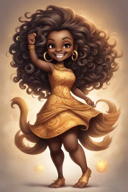 A fearless curvy dark-skinned airbrushed chibi swishes her lion tail excitedly, wearing a dress decorated with the Leo astrology symbol. With mane-like hair wild with curls, she smiles wide, showing off fangs. She stands arms and legs spread, steadfast as a lioness, demonstrating Leo courage and leadership.