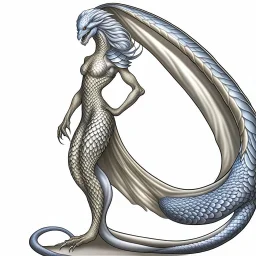 A dragonoid human with silver scales along with a long, flexible tail