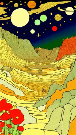 Many colors, peaceful, Egon Schiele, Max Ernst, night sky filled with galaxies, planets and stars, rock formations, trees, flowers, one-line drawing, sharp focus, 8k, deep 3d field, intricate, ornate, one million strokes
