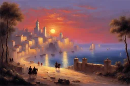 a medieval town by the sea at sunset by artist "Ivan Constantinovich Aivazovsky"