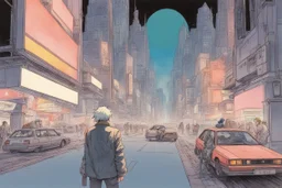 retro anime style, full color, dark serious 1980s anime Lunar Punk city, moebius artist, magic, watercolor,