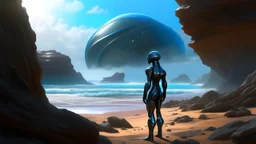 A woman in a catsuit standing on a beach of an alien world, in a rocky crystal-covered landscape with a crashed spaceship in the distance