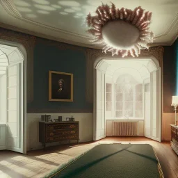 Ultra realistic room scene. Sweet hair monster. night, smooth color, waist up view, Wes Anderson style, dark ambient, highly detailed, White House background, concept art, unreal engine 5, god rays, ray tracing, RTX, lumen lighting, ultra detail, volumetric lighting, 3d, finely drawn, high definition, high resolution.