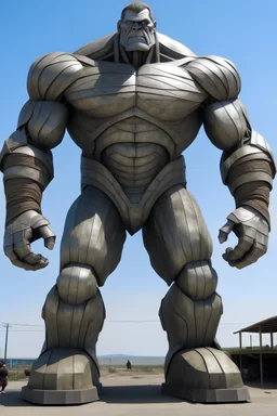giant with metal body, two legs, strong