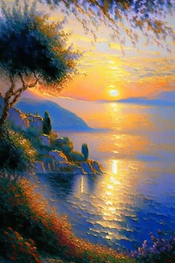 Greece landscape oil painting, detailed Claude Monet, detailed, sunrise