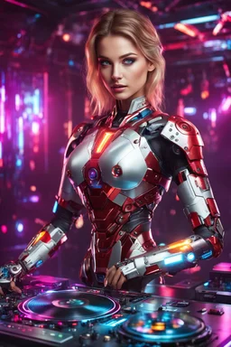 Front view gorgeous Realistic Photography beautiful super model Russian as playing Dj player with body full mechanical ironman cyborg realistic beautiful woman hyper detailed,disco club background