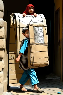 A Palestinian child carries on his shoulders a large bag with windows and doors