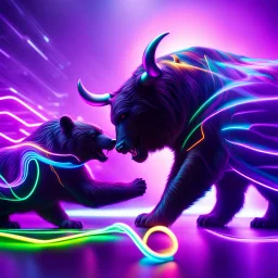 brightly coloured 3D infinity symbol ∞, futuristic, bull attacking and beating a bear in a fight, DSLR with a 80mm lens, set to f/16 and a slow shutter speed of 1/15s, striking, neon, vibrant, chiaroscuro, dramatic, captivating, high-tech, powerful, fantasy, beautiful, octane render, 16k post-production, artstation: award-winning: atmospheric: commanding: fantastical: clarity: ultra quality: striking: brilliance: stunning colors: amazing depth; lens: f/11, 35mm