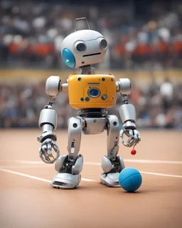 sympatyczn robot zabawka z piłką na boisku puszek i butelek