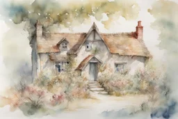 English cottage watercolor, white background, vibrancy of watercolor wash, highly detailed, with sharp focus and smooth transitions. Carne Griffiths, Wadim Kashim, Carl Larsson, Pascal Blanche, golden ratio, masterpiece, trend on CGSociety and Artstation, bottomless, impressive, something that does not even exist, textures, iridescent scales and luminescent, impressive beauty, pure perfection, divine presence, unforgettable beauty, impressive, impressive, volumetric light, auras, rays, reflectio