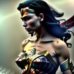 Wonder woman battles a insect, futuristic design, rain in background, close-up face, geometric armor, female face, 3d unreal engine, black face, close up armor, fine detail, lovely face