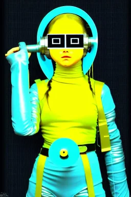 Cyan photograph Cyber-punk girl random mask, old AKG-style big headphones, golden rings & disc. Fencing mask covers cheeks. Kill Bill, steel sword, Hattori Hanso. thick tights, thick calves. old-fashioned camera lenses. Ancient artifact attached to perfect body, Electronic circuits, device, laser. 5-dimensional Escher tiling background. Daft Punk, Tron Movie. Matrix movie clothes, tippet. Cyan latex. Wicked sneakers. 1990's. An old telephone microphone as mouth. Minimalism, fashion Haute Couture