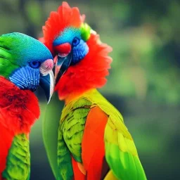 The embodiment of summer is a beautiful exotic birds fly, the face is beautiful, the atmosphere of the scene is uplifting and dynamic, Summer cinematic, the colors are green dark, red, orange and touches of blue