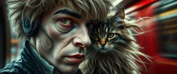 high class realism, dented skin, victorian era, cyber punk, A really close up portrait of one person individually mutated with hairy wigs glowing, and a long haired cat that just came out of a violent twister with its long hair twisted, background blur, high speed train
