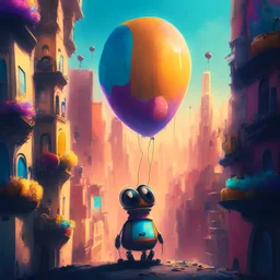 Wall-E, digital art, anime, 4k, full details, high resolution, colorful, alone, city, balloons, cinematic