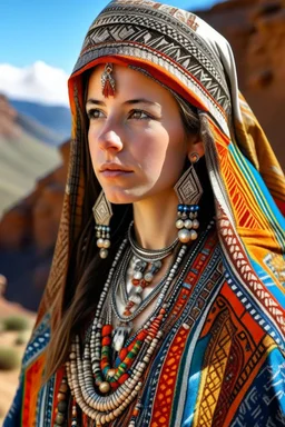 Young Berber woman, detailed, hyper realistic, wearing a vibrant Amazigh dress adorned with geometric patterns, silver jewelry glinting in the sun, standing proudly in the Atlas Mountains.