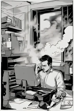 A tired man is working on the computer, and smoke rises from the computer.