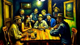 painting of a group of people sitting around a table eating, the potato eaters, tavern, peasant wedding at midnight, inspired by Vincent Van Gogh