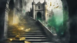 old canvas, layered, mixed media, embossed, double exposure, light watercolor, glitter, medium ground, depth of field, brightness, highlights, light effects, gothic woman portrait, gold shards, staircase, ancient castle, gray green fragments, fuzziness, layered, blending, textured, 3D, 8K, best quality, fine rendering, precise rendering, high detail, hyperrealism, high resolution, high definition, multilayered, pinpoint sharpness, hyperfocus, vignette, textured painting