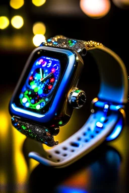 Envision the iced-out Apple Watch in an urban setting, capturing the play of city lights against its faceted surface, reflecting the vibrant energy of a bustling metropolis.