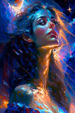 the night sky, she awaits with anticipation, Karol Bak UHD,, Pino Daeni and Dan Mumford, exquisite rendering, style of Leonid Afremov, Mario Sanchez Nevado. Modifiers: intricate very attractive beautiful award winning ultra detailed colourful high energy