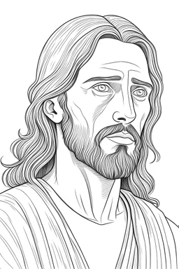 Jesus, realistic, each unique, full view, only draw lines, clean line art, –no sketch, white background, minimalistic black lines, minimal black color, coloring page, thin black line art, perfect shape, perfect clear lines,