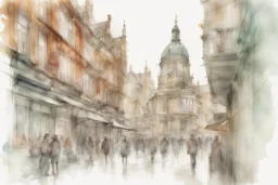 Nottingham City sketch, watercolor, white background, vibrancy of watercolor wash, highly detailed, with sharp focus and smooth transitions. Carne Griffiths, Wadim Kashim, Carl Larsson, Pascal Blanche, golden ratio, masterpiece, trend on CGSociety and Artstation, bottomless, impressive, something that does not even exist, textures,