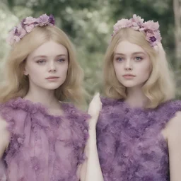 Elle fanning and dakota fanning , as flowers, purple, beehive hair, 1960s