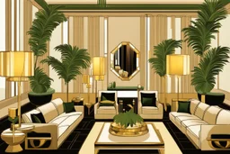 Inside an Art Deco living room with sofas, potted palms, with mirrors and brass sconces, incandescent, gleaming