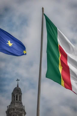 An EU flag, next to a Lithuanian flag;