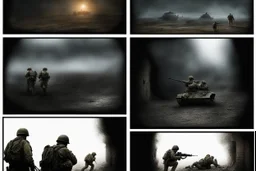 Masterpiece1:5)(Fineart), (award-winning:1.5), highest quality, (ultra realism:1.5) war journalism(,(by Tim Page and Hoorst Faas:1.5))(photorealistic:1.8),RAW pictures (Eastern Ukraine:(panel one:the moment after a battle ends, horrors of war, wounded men),(2nd panel, cinematic shot of men sitting in trench with 1000 yard stare (focus on their eyes:1.5)),(the third panel shows troops tired but hyper alert), (the fourth panel shows the sky is filled with incessant, fire and smoke,)