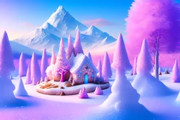 magic snow landscape with white mountain and pink trees, blue and brightness sky end in the corner a little fairy house with crystals and gems as decoration