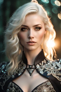 beautiful pale skin caucasian female, detailed eyes, large bust, shoulder length platinum blonde hair, glowing fractal embedded on royal armor, glowing light pattern cloth, high fantasy setting, wearing regal intricate leather with scattered glowing crystal, glowing part on clothing, midnight forest, portrait