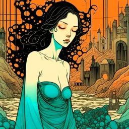 create a highly ethereal, darkly magical surrealist illustration of a vampire girl, with highly detailed and deeply cut facial features, in a chaotic, turbulent, otherworldly landscape, in the style of SALVADOR DALI, GUSTAV KLIMT, and KATHE KOLLWITZ combined with the comic art style of BILL SIENKIEWICZ and JEAN GIRAUD MOEBIUS, searing lines and forceful strokes, precisely drawn, inked, and darkly colored