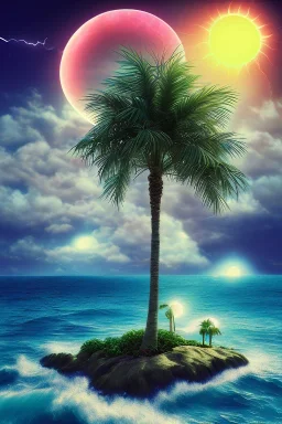 1980's vaporwave aesthetic palm trees with lightning with solar eclipse in the ocean waves sunset