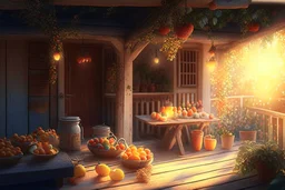 A cozy cottage porch terrace in sunshine with fairy lights hanging from the rafters fruits and food on a wooden table detailed matte painting