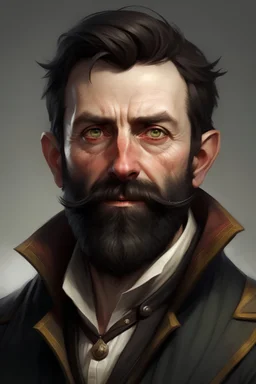 Fantasy portrait of a middle-aged man, late 30s, with short black hair and a short beard. Looks roguish and a little pirate-y. A slightly broad nose, wearing a pirate jacket. Looks like Hugh Jackman, but if he were fantasy-style, not real.