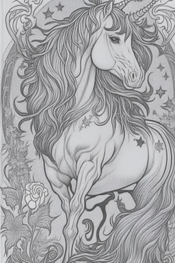 coloring book page of a magical unicorn,monochrome, black and white, sharp, sketch drawing