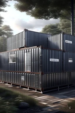 large house in the woods made from shipping containers, photorealistic