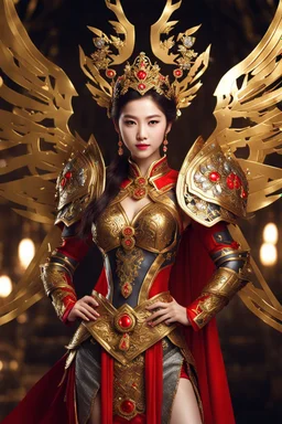 Realistic photography,front_view, Beautiful Queen fairy super model Chinese Woman, brown hair,dressing luxury party gown,looking at viewer,traditional dress ornaments mechanical armor china traditional, intricate armor, delicate golden shine bright, black metalic parts, detailed part, jewelry diamonds,dynamic pose,abstrac background, dynamic lighting, red hour, full body portrait