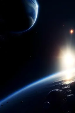 View from space with planets and stars, deep atmosphere, sun In the background