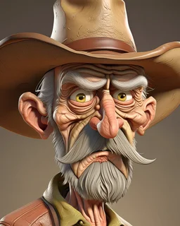 hyper-realistic 3D caricature of an old weathered cowboy with highly exaggerated features. Deeply wrinkled skin, oversized ears, and a long, bulbous nose. Large, expressive wide eyes with intense detail. A thick, wispy white handlebar mustache and long goatee. Wearing a dusty tan wide-brimmed cowboy hat, a brown checkered shirt, and a worn leather vest. Soft studio lighting, neutral beige background, cinematic render, 8k resolution, intricate textures, Pixar-meets-Norman-Rockwell style. Modifier