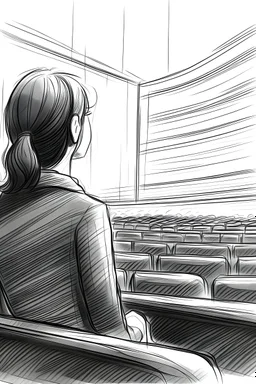 From the side, A person in a movie theatre looking towards the frame. POV . Pencil sketch