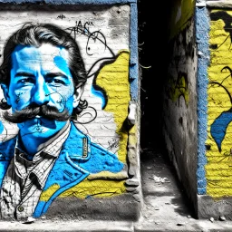 Candid photographs of the acter charli chaplin with the famous mustache on a wall in an alley of an ancient town, in a combined art style of generative art, calligraphic lines, rust debris, peeling yellow and blue paint, black and white portraits, distorted figures.