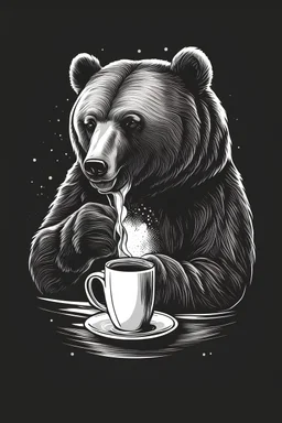 Bear drinking from mug of coffee, vector black & white logo