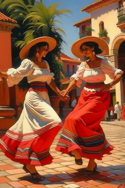 2 maxican woman dancing neoclassism traditional painting in mexican city